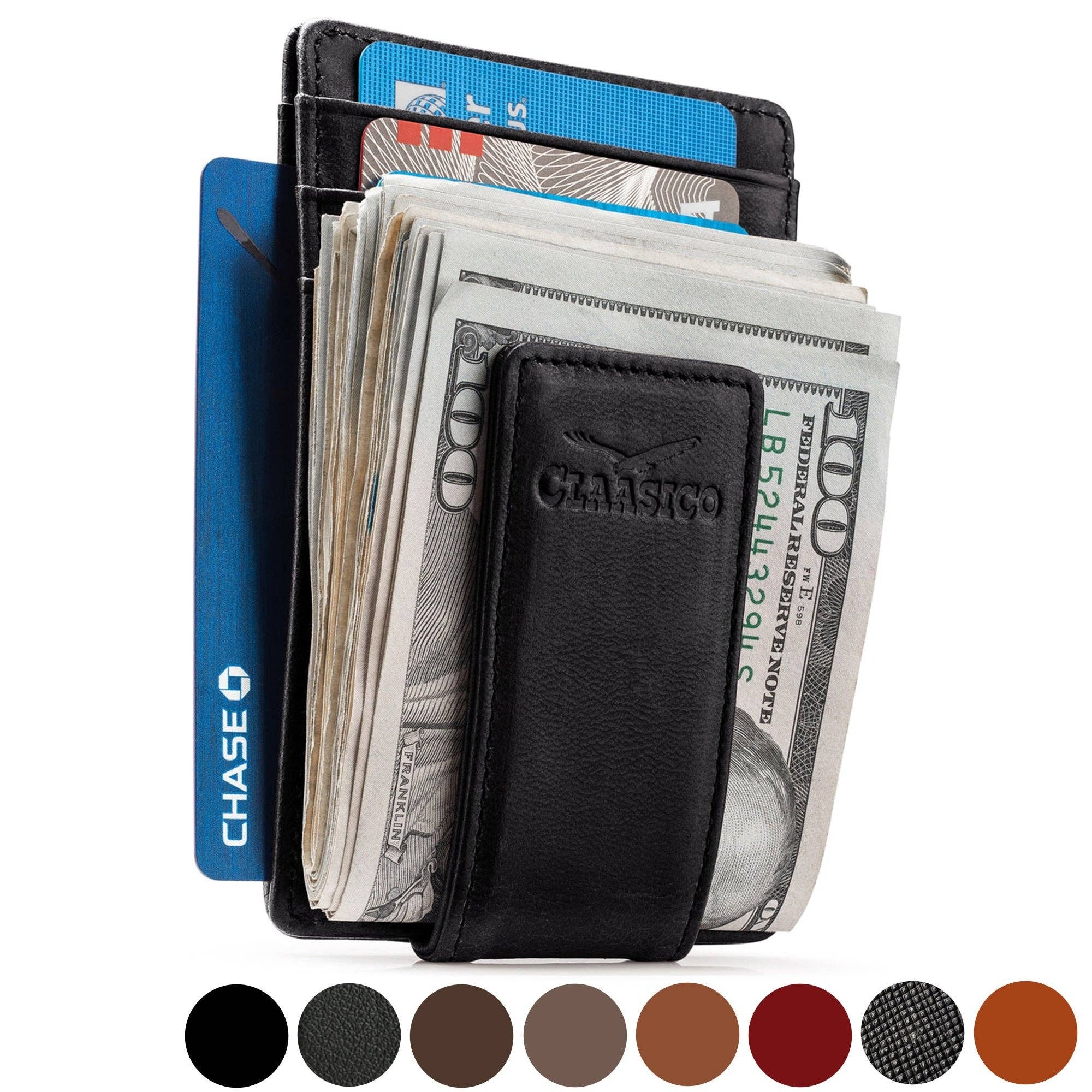 Slim Money Clip Smooth Black Leather Wallet by Claasico Mingus